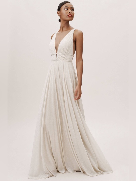 Jenny Yoo Collection Bhldn Carmen Metallic Gown Size 8 Champagne Silver Medium